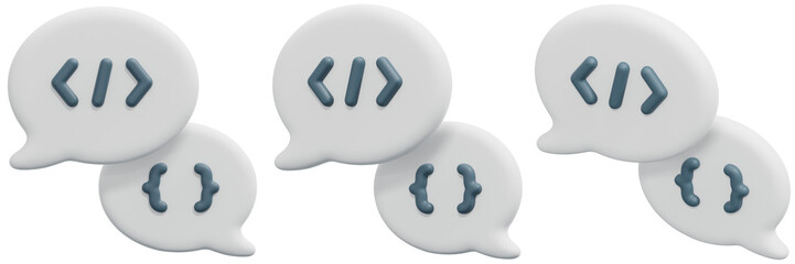set of white chat bubbles with blue code symbols 3d render icon illustration