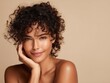 © TAO - Close-up portrait of a curly-haired beauty smiling at the camera, beige background, evokes the aesthetics of a skincare ad with natural elegance and soft lighting.