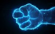 © Stella - Digital, glowing wireframe hands performing a fist bump in a blue color on a dark background, an AI technology concept