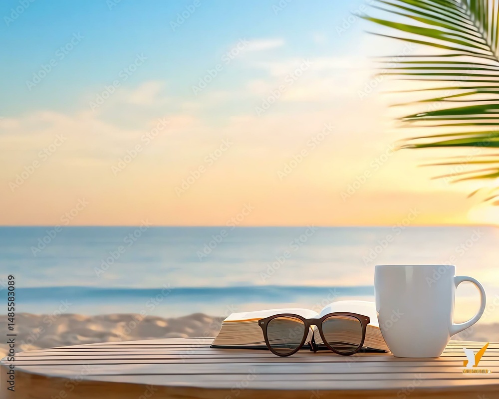 Foto A serene beach scene with sunglasses, a coffee cup, and a book on ...