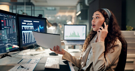 Aufkleber - Woman, trading and computer screen for phone call, charts or documents for review with wow for stock price. Person, shock and investor at night with lost revenue, smartphone or market stats at office