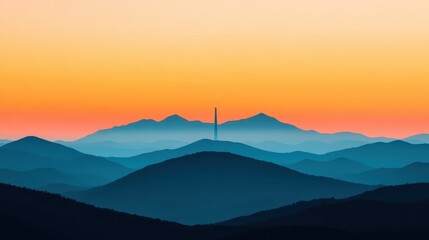 Wall Mural - Serene Sprawling Mountain Range at Dusk with a Beautiful Sunset Over Rolling Hills and Cool Blue Tones in the Background