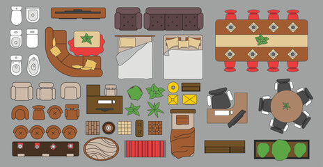 Colorful furniture outline top view. Floor plan icons set for design interior and architectural project. Furniture thin line icon in top view for layout.