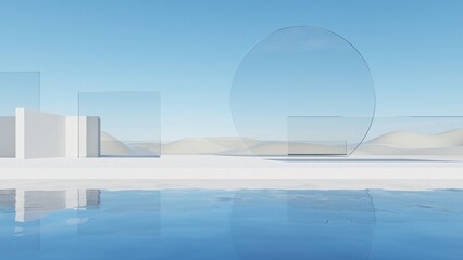Poster - 3d illustration of abstract minimal architecture background, geometric architectural with glass design on water surface