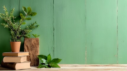 Plant Pot with Books and Green Background