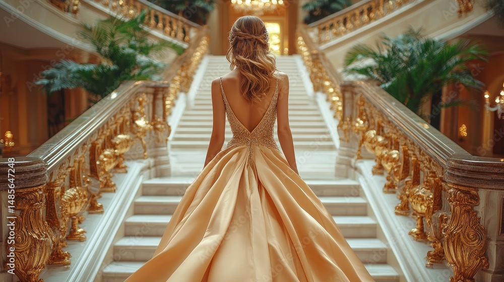 Elegant woman in a flowing gown ascending a grand staircase. Stock ...