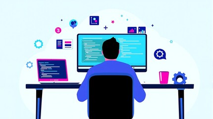 Illustration of a programmer coding on a computer display and laptop working process