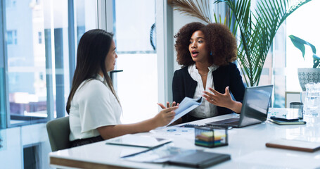 Fototapete - Business women, strategy and team planning in office, discussion or brainstorming insurance policy with paper. Laptop, meeting or conversation with manager for report, risk management or explain idea