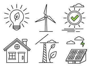 Wall Mural - renewable energy line icons set. eco-friendly house, solar panels, wind turbines, solar panels. vect