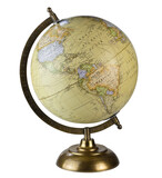 Yellow table globe showing world map or South America, the globes isolated clipping path on white background.
