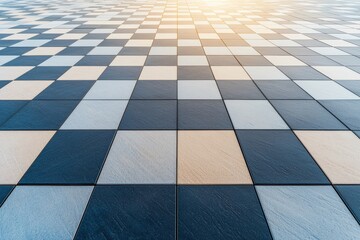 Aufkleber - Wide-angle shot of modern tile floor creating checkerboard pattern under sunlight