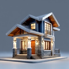 Aufkleber - Elegant Two-Story Home with Stone Accents and Warm Interior Lighting on a Serene Gray Background