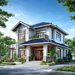 Aufkleber - Luxury Two-Story Home Exterior With Lush Landscaping and Modern Design Elements Under a Clear Blue Sky