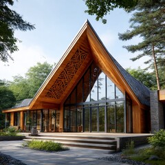 Poster - Modern A-Frame Home nestled in the Trees with Large Glass Windows and Beautiful Wooden Architecture, a blend of nature and design.