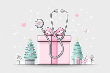 Poster - Clean graphic of a stethoscope wrapped around a gift with simple line art and soft tones