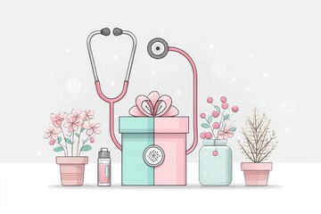 Poster - Clean graphic of a stethoscope wrapped around a gift with simple line art and soft tones