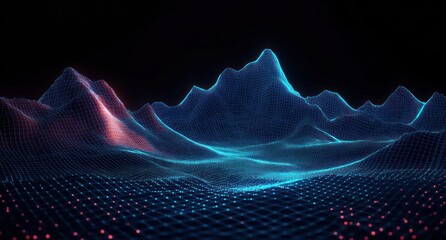 Wall Mural - digital wireframe mountain landscape with glowing blue and red grid lines on a black background, evo