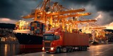 Trailer truck carrying a container loaded with goods from around the world, ensuring seamless global trade and logistics