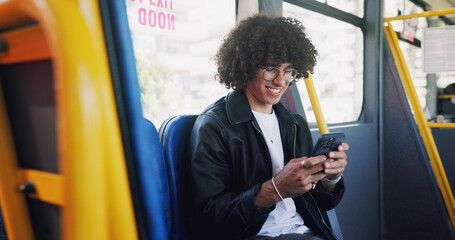 Aufkleber - Cellphone, smile and man on bus online for checking university exam results on mobile app with travel. Phone, college and male student reading acceptance email on public transportation in city.
