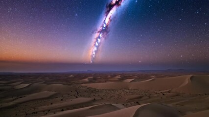 Wall Mural - milky way arch above desert landscape under starlit night sky with sand dunes and horizon glowing