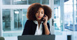 © peopleimages.com - Business, woman and phone call with laptop in office for finance planning, account management and feedback. Financial advisor, African person and consulting client for portfolio update and assistance