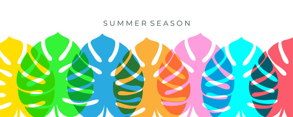 Fototapete - Summer Season background with bright color tropical leaves for Summertime seasonal creative graphic design. Vector illustration.	