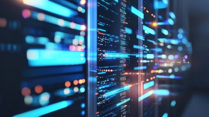 Aufkleber - Futuristic 3D rendering of high-performance servers with vibrant blue and orange data displays, ideal for cloud platforms, network infrastructure, and digital system visuals