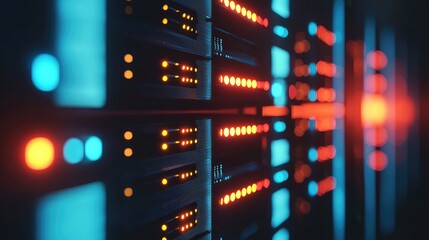 Aufkleber - 3D rendering of data center servers glowing in blue and red lights, perfect for digital infrastructure, cybersecurity themes, or high-tech IT and cloud service visuals