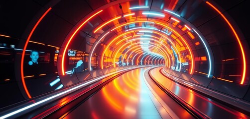 Wall Mural - Futuristic glowing tunnel with advanced transport system, abstract, science
