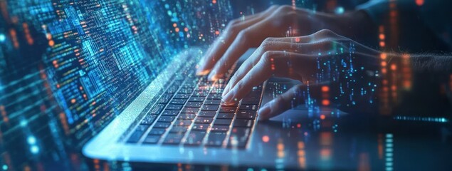 Close-up of hands typing on a laptop keyboard with digital data streams and colorful code overlays representing programming and cybersecurity