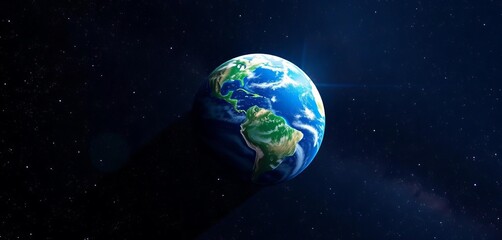 Earth, a vibrant blue marble, suspended in the inky blackness of space, speckled with distant stars of the Milky Way galaxy, astrophotography, planet