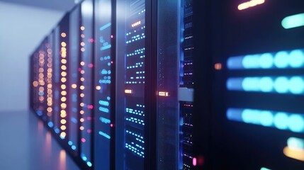 Aufkleber - Dimly lit server room with vibrant LED indicators in blue, pink, and orange tones. Great for use in cloud computing, data security, IT infrastructure, and modern tech-driven environments