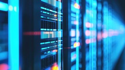 Aufkleber - Blue illuminated servers with red and pink reflections in a data center, highlighting digital connectivity. Ideal for cloud services, IT solutions, cybersecurity, and modern tech infrastructure
