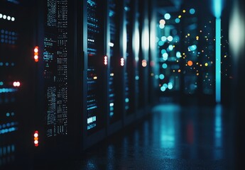 Fototapete - High-tech server room interior with glowing indicators and bokeh lights, conveying secure cloud infrastructure. Great for IT services, cybersecurity solutions, and digital network platforms