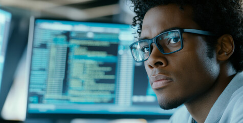 Black male software developer focused in workspace, technology concept