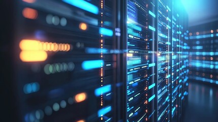 Aufkleber - Glowing rows of blue-lit server racks in a futuristic data center, ideal for illustrating cloud storage, IT infrastructure, and high-performance computing environments