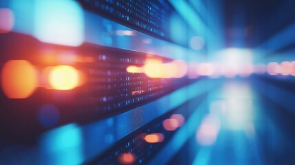 Aufkleber - Abstract view of glowing server hardware with vibrant lights and soft focus, ideal for digital transformation themes, IT service banners, and cloud computing visuals