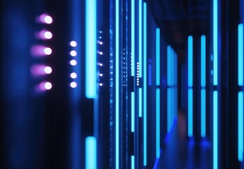 Aufkleber - Stylized corridor of glowing blue and violet server racks in a dark futuristic setting, ideal for tech branding, AI environments, or cyber data infrastructure content