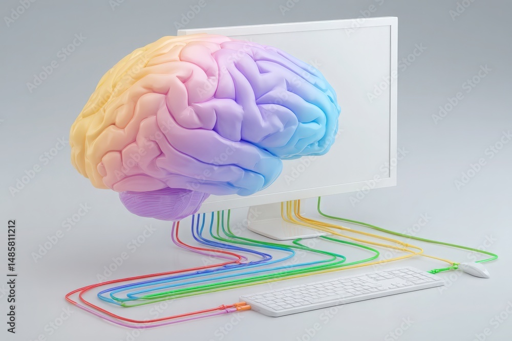 A colorful brain floats above a computer monitor, symbolizing the relationship between human thought and digital technology. Wires in various colors connect the brain to the monitor.
