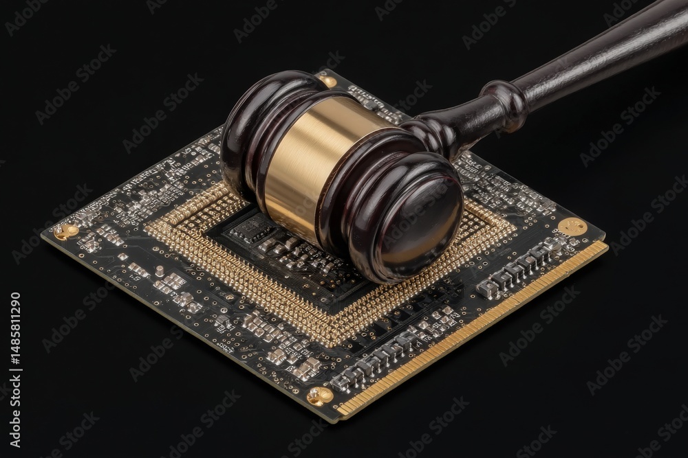 A gavel made of dark wood and gold strikes a black computer chip on a black background. This unique composition symbolizes justice in technology, merging legal and tech themes.