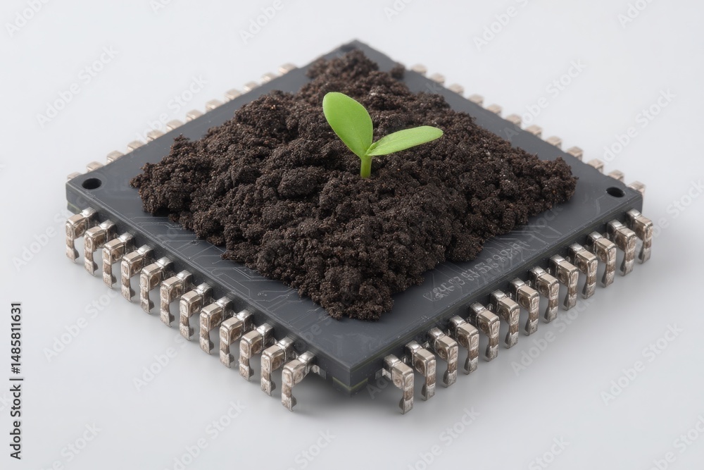 A seedling emerges from soil placed on a circuit board, symbolizing the intersection of technology and nature. The image highlights creativity and the potential for sustainable innovation.