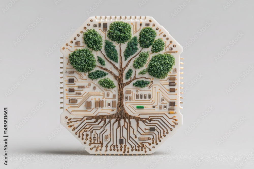 A unique circuit board features an intricate design of a tree, symbolizing the harmony between nature and technology. The tree is adorned with green foliage, capturing attention.