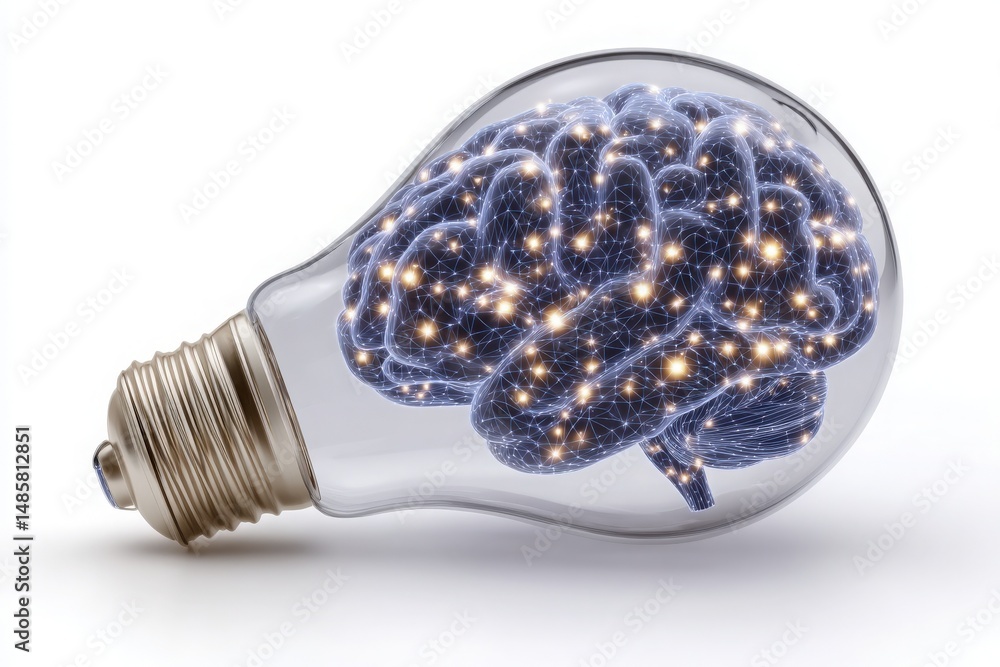 A light bulb with a brain inside symbolizes creativity and intelligence. The brain features glowing connections that represent thoughts and ideas.