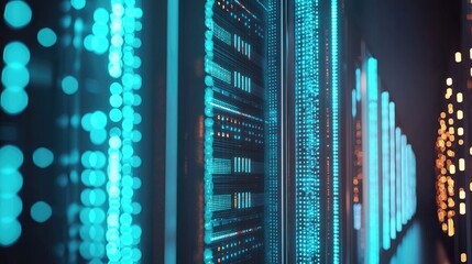 Aufkleber - Bright data servers with vivid cyan and amber lights create a futuristic bokeh effect, ideal for visualizing AI networks, tech infrastructure, and digital communication systems