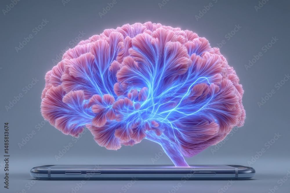 A vibrant brain appears to grow from a smartphone, showcasing a blend of organic and digital elements.