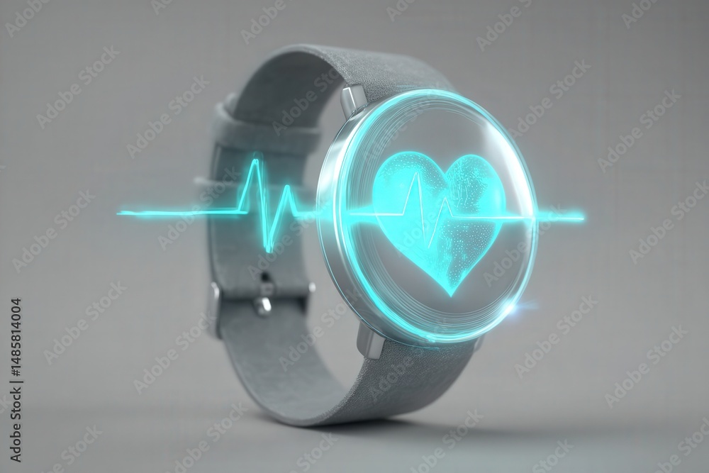 A sleek smartwatch features a glowing heart symbol and heartbeat line on its display. The design emphasizes health tracking and modern technology, with a light gray band enhancing its modern appeal.