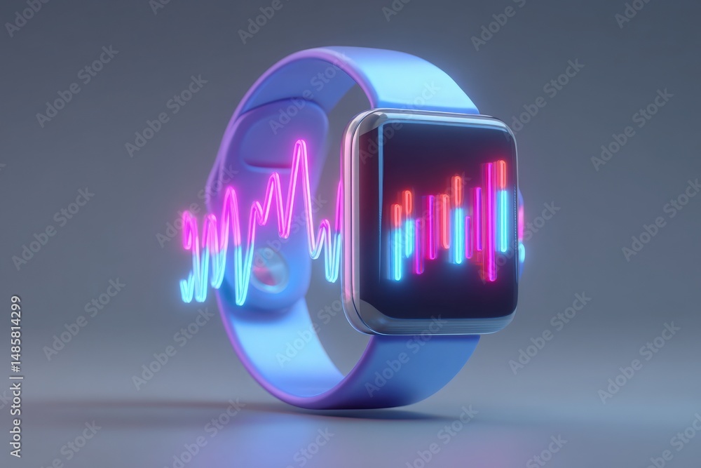 A modern smartwatch showcases a dynamic screen with colorful sound wave visuals. The device is designed for fitness tracking and health monitoring, highlighting its technological features.