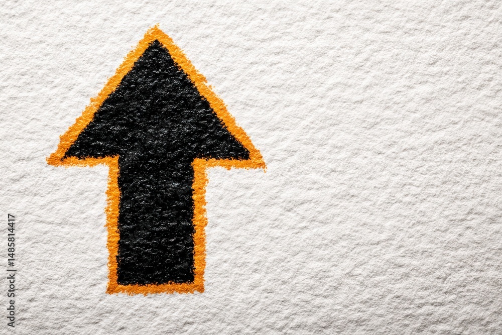 A black arrow symbol, outlined in orange, points upwards on a textured white background. The contrast between the dark arrow and the light surface creates a striking visual effect.