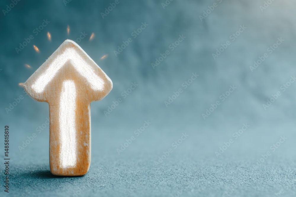 A wooden arrow symbol is positioned upright against a soft blue backdrop. The arrow, with a light sheen, represents guidance and inspiration. This setup conveys encouragement and a positive direction.