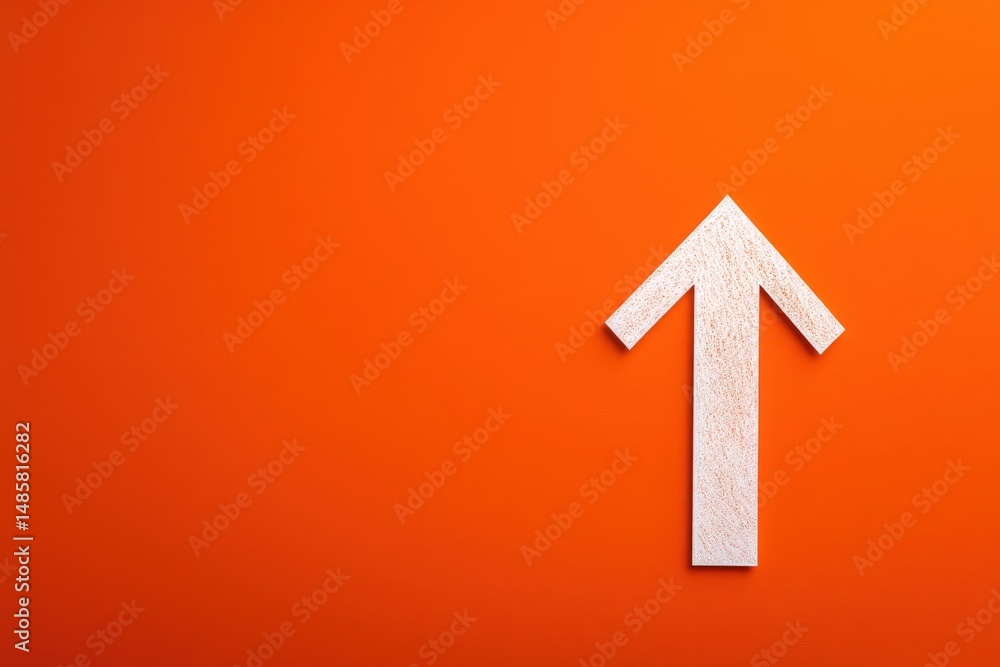 A white wooden arrow points upward prominently displayed on a bright orange background. The contrast creates an eye-catching focal point that conveys a sense of direction and positivity.
